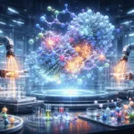 A digital representation of advanced drug discovery using structure-guided chemistry. This is a representative image illustrating next-gen small molecule research.