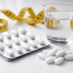 Representative image showing oral weight loss medication with a measuring tape and water glass in the background, illustrating the growing shift from injectable GLP-1 therapies to convenient, daily oral treatments like orforglipron.