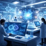 Representative image of an AI-powered drug discovery lab, showcasing robotics, molecular modeling, and digital twin simulations—core elements of the NVIDIA and Eli Lilly co-innovation initiative to transform pharmaceutical R&D.