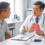 Representative image: A respiratory specialist discusses lung health and biologic treatment options with a COPD patient, aligned with our coverage of GSK’s Nucala approval for eosinophilic COPD in China.