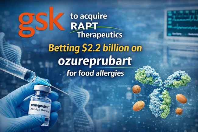 Representative image: GSK to acquire RAPT Therapeutics for $2.2 billion, strengthening its immunology pipeline with ozureprubart, a long-acting anti-IgE therapy in development for food allergy protection. The asset could shift standard care by enabling quarterly dosing.