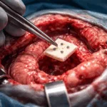 Representative image of GammaTile being implanted during brain tumor surgery, illustrating the intraoperative radiation approach tested in the BRIDGES trial for newly diagnosed glioblastoma.