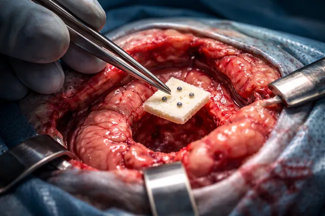 Representative image of GammaTile being implanted during brain tumor surgery, illustrating the intraoperative radiation approach tested in the BRIDGES trial for newly diagnosed glioblastoma.