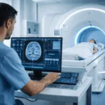 A radiologic technologist operating an MRI scanner in a hospital setting. Representative image illustrating how AI-powered platforms like Vista AI are transforming MRI acquisition workflows across brain, spine, and cardiac imaging.