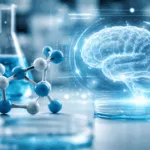 Representative image of brain-targeted drug discovery and AI-designed molecular structures, highlighting the promise of next-generation NLRP3 inhibitors like ISM8969 in treating CNS diseases.
