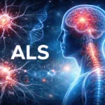 Representative image depicting the neurological basis of amyotrophic lateral sclerosis (ALS), highlighting motor neuron degeneration and cortical hyperexcitability. This visual supports our coverage of QurAlis’ Kv7.2/7.3-targeted therapy QRL-101 and its implications in ALS drug development.