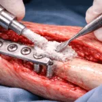 Representative image of an orthopedic fracture repair using bone graft material and hardware. Reflects the type of procedure next-generation bone adhesives like TETRANITE and OsStic aim to simplify by replacing traditional cements and fixation systems.