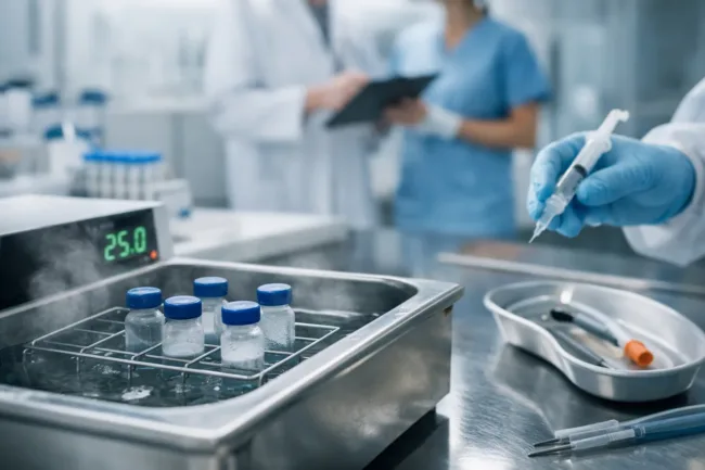 Representative image of vial thawing in a clinical preparation setting, illustrating how Ferring Pharmaceuticals’ faster ADSTILADRIN thaw protocol could improve bladder cancer treatment workflow in BCG-unresponsive non-muscle invasive bladder cancer.