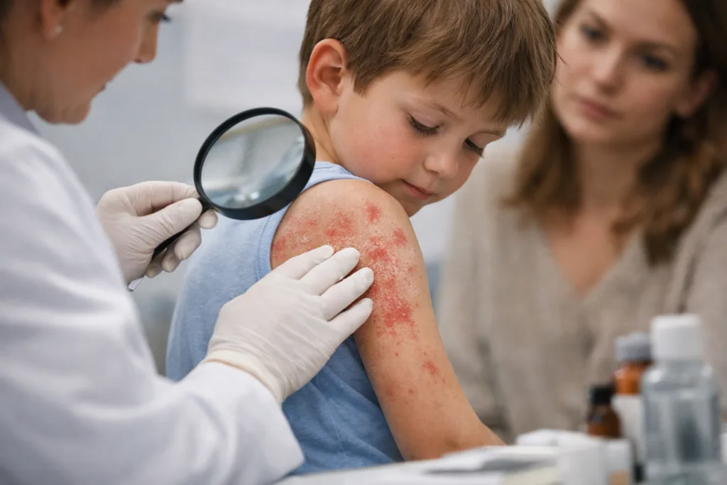 Representative image of a child undergoing a dermatology skin examination, illustrating the growing focus on pediatric eczema treatment as Galderma’s nemolizumab phase II data sharpen competition in the biologic landscape for atopic dermatitis.