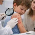 Representative image of a child undergoing a dermatology skin examination, illustrating the growing focus on pediatric eczema treatment as Galderma’s nemolizumab phase II data sharpen competition in the biologic landscape for atopic dermatitis.
