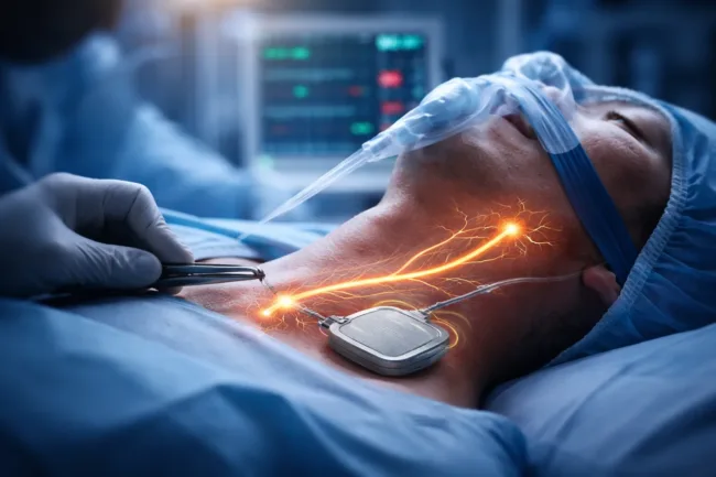 Representative image of a hypoglossal nerve stimulation implant procedure used in obstructive sleep apnea treatment, reflecting how LivaNova PLC’s aura6000 System FDA approval could expand eligibility beyond traditional PAP therapy patients.