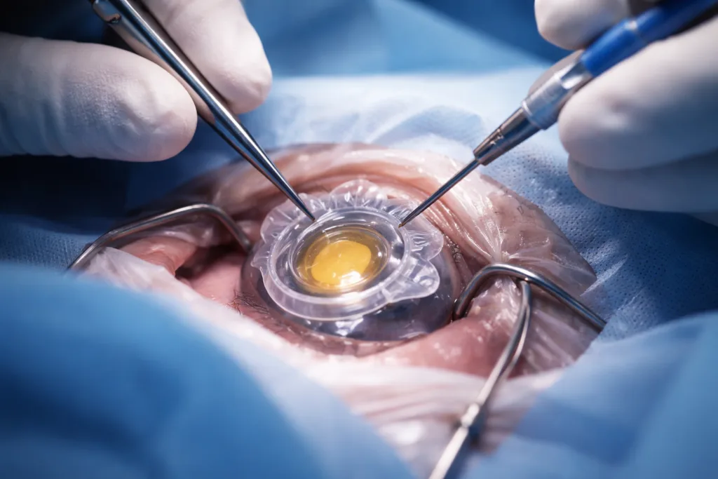 Representative image of complex eye surgery illustrating secondary intraocular lens fixation, as Long Bridge Medical advances the LensOne prosthetic capsular bag into an FDA-cleared pivotal trial that could reshape treatment options for patients with compromised capsular support.