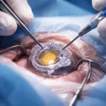 Representative image of complex eye surgery illustrating secondary intraocular lens fixation, as Long Bridge Medical advances the LensOne prosthetic capsular bag into an FDA-cleared pivotal trial that could reshape treatment options for patients with compromised capsular support.