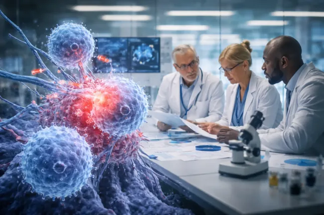 Representative image of scientists evaluating next-generation Claudin-6-targeted cell therapy research as OverT Bio advances OVT-101 toward ovarian cancer clinical development.
