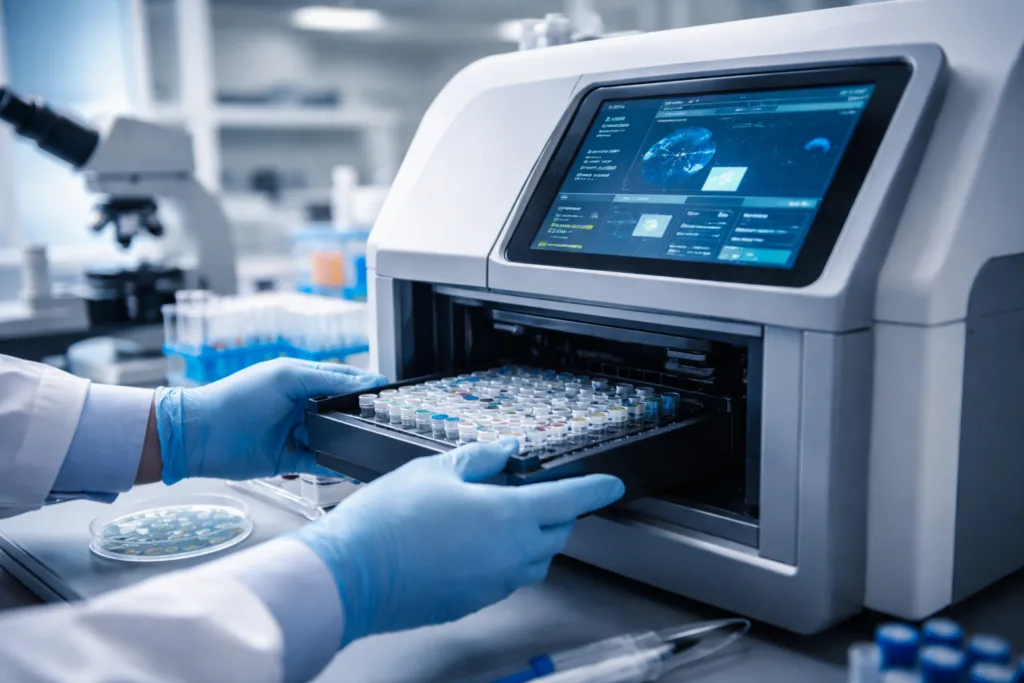 Representative image of a rapid diagnostic system used in hospital laboratories, reflecting how Pattern Bioscience’s pneumonia ID AST panel aims to deliver faster phenotypic results for critically ill patients and improve antibiotic decision making in ICU settings.