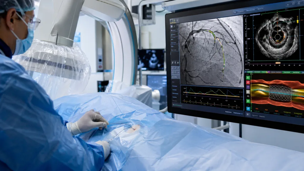 Representative image of an AI-guided coronary imaging system in a modern cardiac catheterization lab, illustrating how Abbott’s Ultreon 3.0 clearance could push precision PCI, stent planning, and real-time artery analysis deeper into routine cardiovascular care.