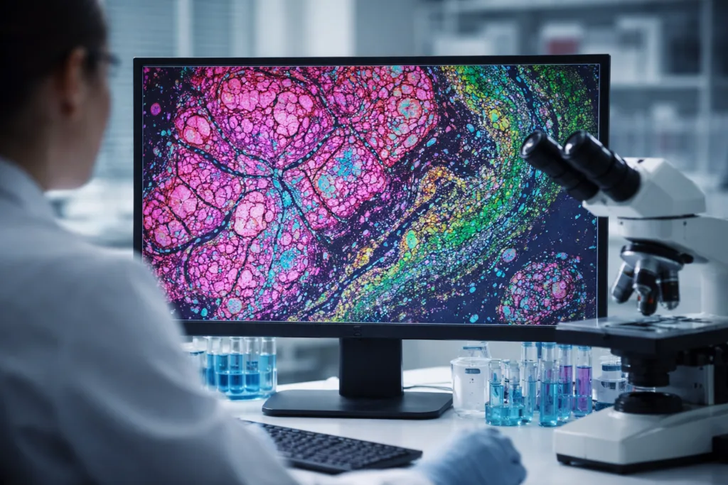 Representative image of a laboratory researcher reviewing spatial proteomics data for early-stage breast cancer, reflecting the clinical oncology focus behind the AidaBREAST assay and its potential role in recurrence risk and radiation therapy benefit assessment.