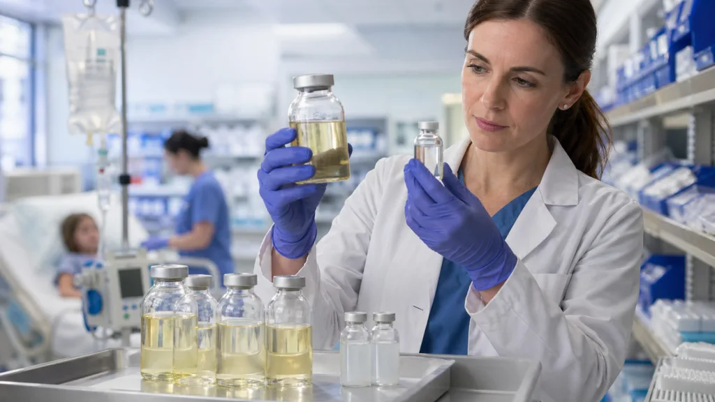 Representative image of sterile injectable medicine vials being reviewed in a hospital pharmacy setting, reflecting how Apotex’s generic Infuvite Pediatric Injection approval could expand access to pediatric parenteral nutrition and complex generic injectables in the United States.