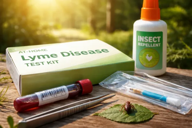 Representative image of an at-home Lyme disease testing kit with tick prevention essentials, illustrating the growing consumer focus on Better Life Science, Tick Bite Hero, and spring tick season awareness.