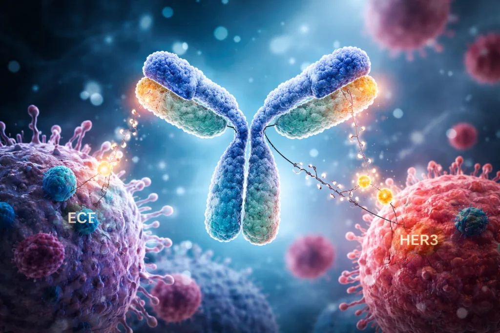 Representative image of a bispecific antibody-drug conjugate in a cancer research setting, illustrating the science behind CStone Pharmaceuticals’ AACR 2026 update on CS5007, CS5006, and CS5008 oncology pipeline candidates.