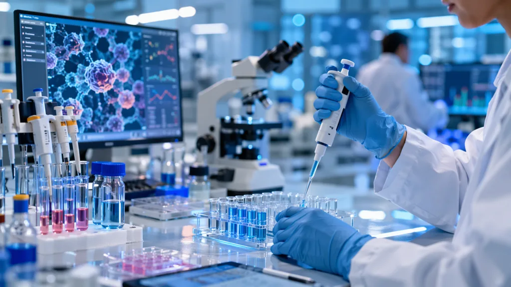 Representative image of a scientist in a cancer research laboratory, illustrating Onchilles Pharma’s AACR 2026 preclinical update on the NEU-002 systemic solid tumor therapy program.