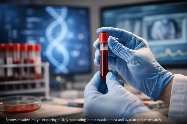 Representative image of blood-based ctDNA testing and molecular residual disease monitoring, reflecting the AACR 2026 focus on SAGA Diagnostics’ Pathlight platform in metastatic breast cancer and ovarian cancer.