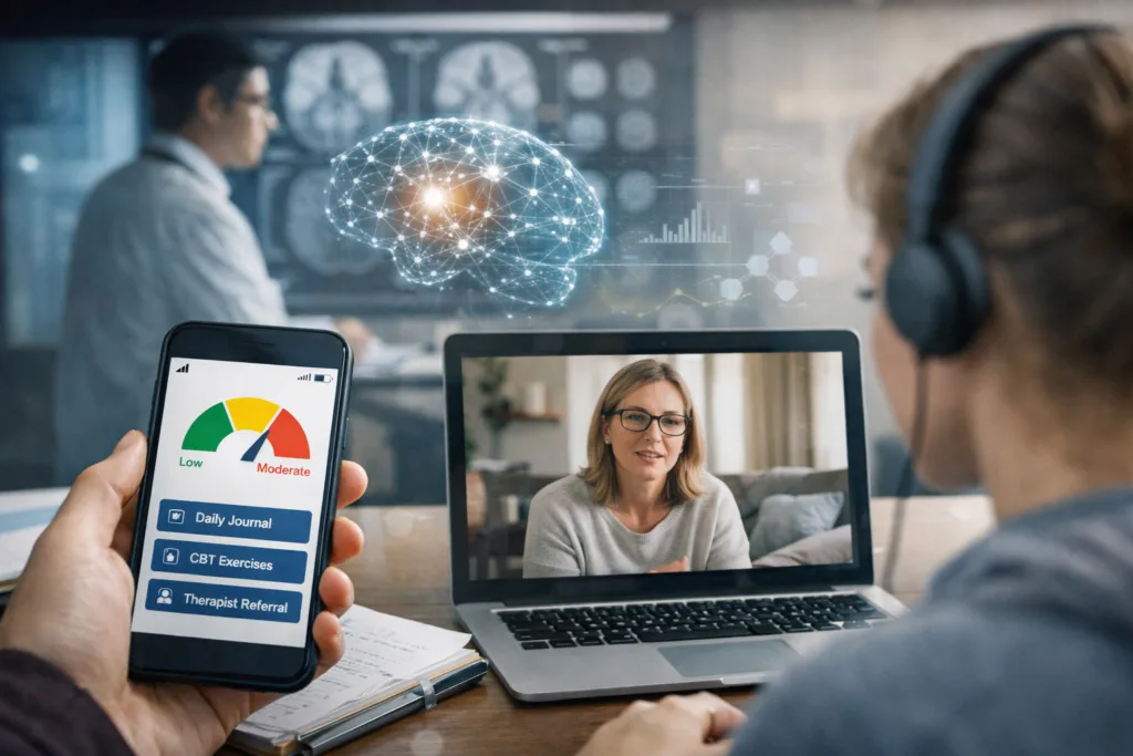 Representative image of a patient using a digital mental health app during a teletherapy consultation, reflecting how Syra Health and Nora Mental Health are linking AI-driven triage with licensed behavioral care in Indiana.