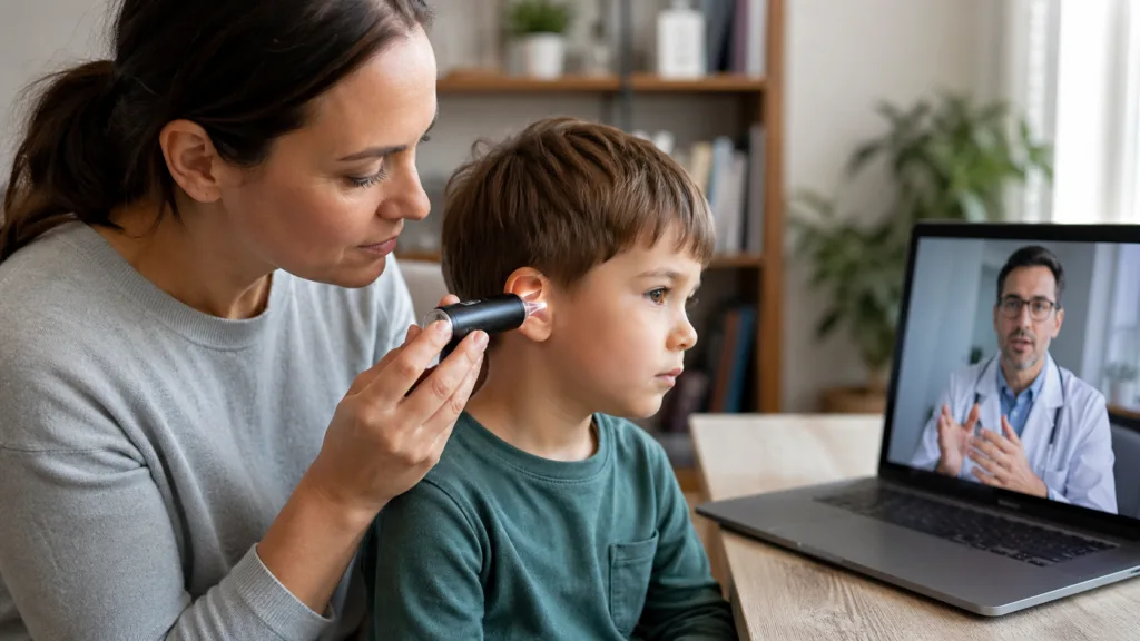 Representative image of a home-based digital ear exam during a telehealth consultation, highlighting how TytoCare’s FDA De Novo-cleared AI eardrum analysis could strengthen remote pediatric care and virtual ENT diagnostics.