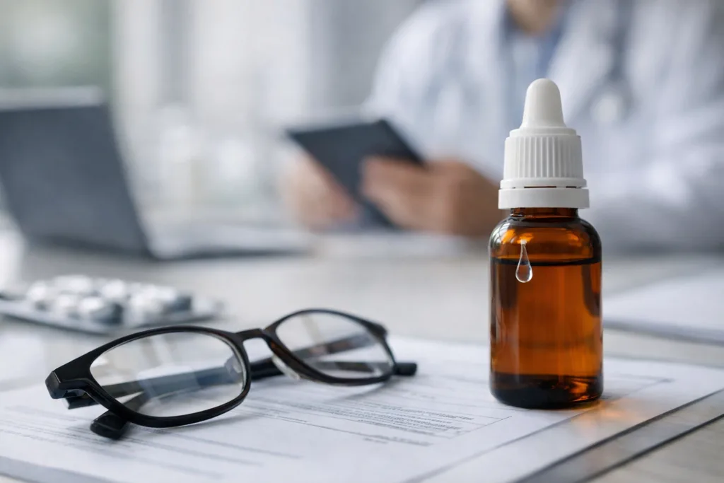 Representative image of prescription eye drops and reading glasses, illustrating how Tenpoint Therapeutics and PHIL are using a direct-to-patient YUVEZZI access program to improve affordability and expand presbyopia treatment access.