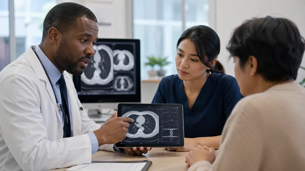 Representative image of an oncology consultation involving lung scan review, reflecting how Xcovery Holdings’ Ensacove launch and EVERSANA’s commercialization support could influence patient access in ALK-positive non-small cell lung cancer care.