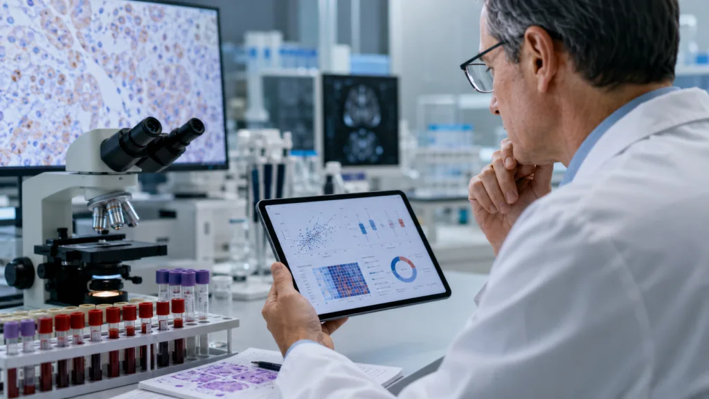 Representative image of clinical biomarker analysis in a modern research laboratory, highlighting how drug developers are working to turn biological signals into regulator-accepted surrogate endpoints for faster, evidence-based clinical trials.