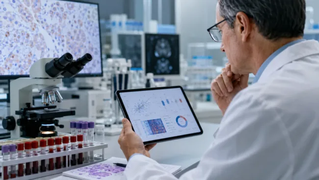 Representative image of clinical biomarker analysis in a modern research laboratory, highlighting how drug developers are working to turn biological signals into regulator-accepted surrogate endpoints for faster, evidence-based clinical trials.