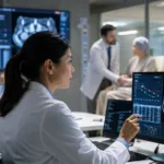 Representative image of oncology researchers reviewing tumor imaging and clinical trial data, reflecting Immunome’s Phase 3 RINGSIDE results for varegacestat in adults with progressing desmoid tumors.