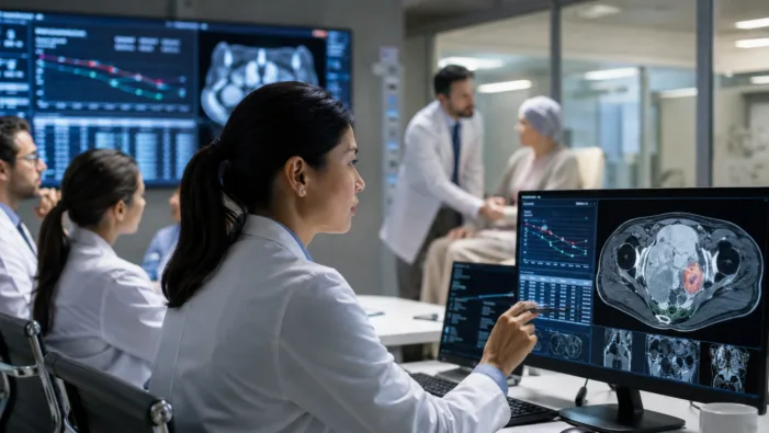 Representative image of oncology researchers reviewing tumor imaging and clinical trial data, reflecting Immunome’s Phase 3 RINGSIDE results for varegacestat in adults with progressing desmoid tumors. Why Immunome’s RINGSIDE data may reset expectations in desmoid tumor treatment