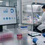 Representative image of a biopharmaceutical laboratory workflow showing HEK293 functional cell line research, assay development and compliance documentation, as ACROBiosystems streamlines global licensing access to support faster drug discovery and regulated R&D operations.