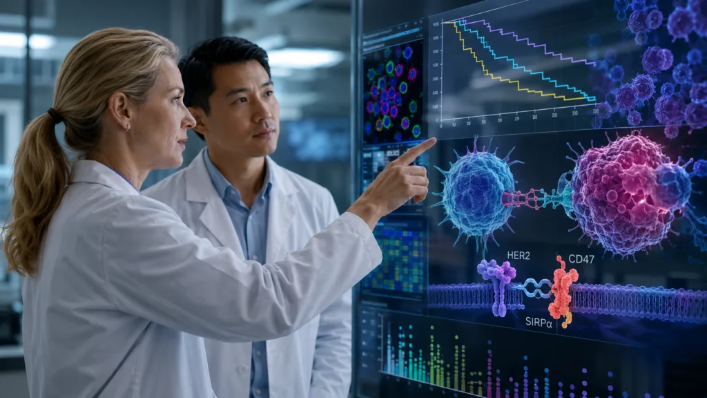 Representative image: ALX Oncology’s evorpacept update highlights how CD47-high biomarker data and HER2-positive metastatic breast cancer trial design could shape the next phase of oncology drug development.