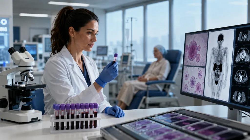 Representative image of oncology research and blood cancer diagnostics. AbbVie’s DECNUPAZ approval highlights how CD123-targeted antibody-drug conjugates could reshape treatment options for blastic plasmacytoid dendritic cell neoplasm.