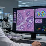 Representative image of AI-powered digital pathology being used to analyse prostate cancer biopsy slides, reflecting Acupath Laboratories’ integration of the ArteraAI Prostate Test into its diagnostic workflow for localized prostate cancer risk stratification.
