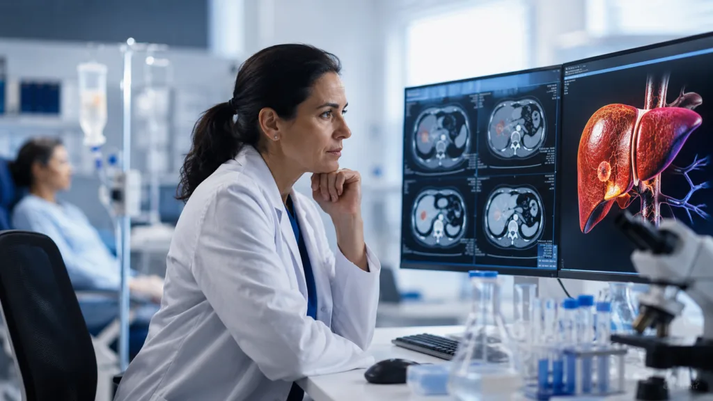 Representative image: A clinical researcher reviews liver cancer scan data in an oncology research setting, illustrating the growing focus on Agenus’ botensilimab and balstilimab combination in post-immunotherapy hepatocellular carcinoma treatment.