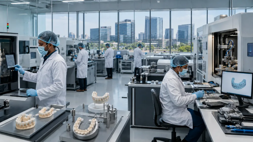 Representative image: A high-tech dental manufacturing lab with a modern Hyderabad IT corridor backdrop reflects Align Technology’s planned India facility, as the Invisalign maker expands its Asia-Pacific production footprint and digital dentistry capabilities.
