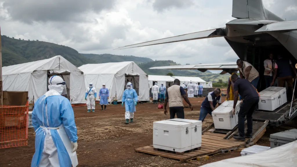 Representative image of an emergency Ebola treatment center and medical relief supplies being deployed in Central Africa, highlighting how field hospitals, protective equipment and outbreak-response logistics could strengthen Ebola containment in the Democratic Republic of the Congo.
