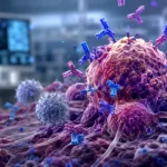 Representative image of anchored monoclonal antibody immunotherapy targeting the cancer tumor microenvironment, illustrating how Ankyra Therapeutics’ preclinical platform aims to improve local drug retention while reducing systemic toxicity.