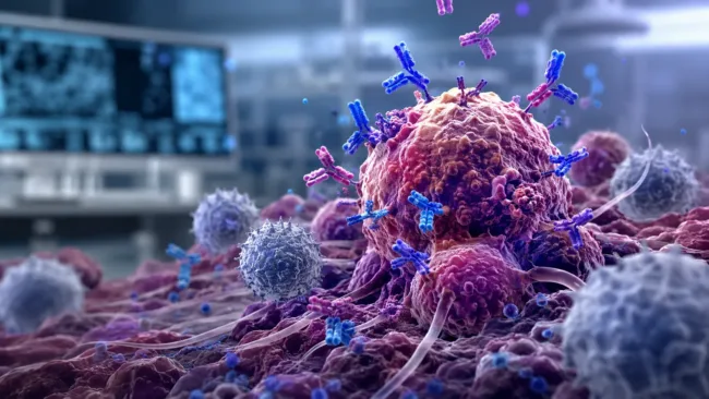 Representative image of anchored monoclonal antibody immunotherapy targeting the cancer tumor microenvironment, illustrating how Ankyra Therapeutics’ preclinical platform aims to improve local drug retention while reducing systemic toxicity.