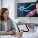 Representative image: A clinician discusses neuromuscular treatment options with an adult patient as Argenx SE’s expanded Vyvgart approval broadens the FDA label across all adult generalized myasthenia gravis serotypes, strengthening interest in targeted FcRn therapies for autoimmune neurology.