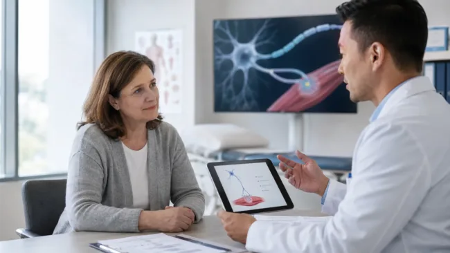 Representative image: A clinician discusses neuromuscular treatment options with an adult patient as Argenx SE’s expanded Vyvgart approval broadens the FDA label across all adult generalized myasthenia gravis serotypes, strengthening interest in targeted FcRn therapies for autoimmune neurology.