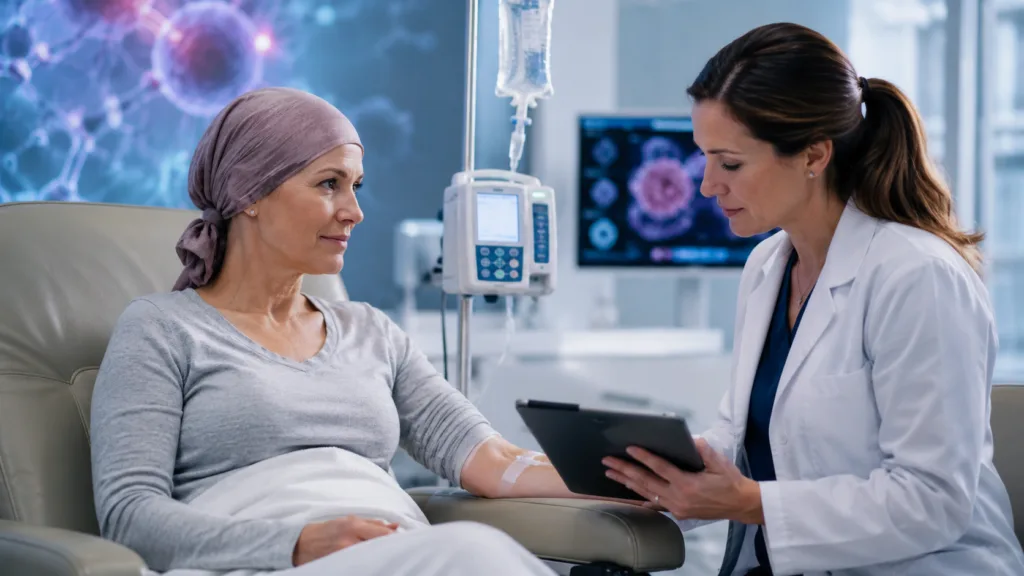 Representative image: A cancer patient receives infusion-based oncology care in a modern clinic, reflecting Datroway’s FDA approval as a new first-line treatment option for metastatic triple-negative breast cancer patients who are not eligible for immunotherapy.