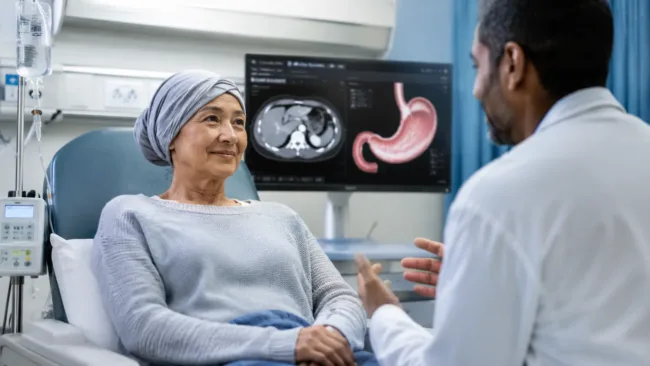 Representative image of an oncology consultation as Imfinzi moves toward becoming the first NHS immunotherapy option for eligible stomach cancer patients in England, marking a potential shift in gastric cancer treatment pathways.