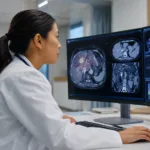Representative image of a clinician reviewing oncology imaging and molecular testing data, reflecting how BIZENGRI’s FDA approval could advance targeted treatment for NRG1 fusion-positive cholangiocarcinoma.