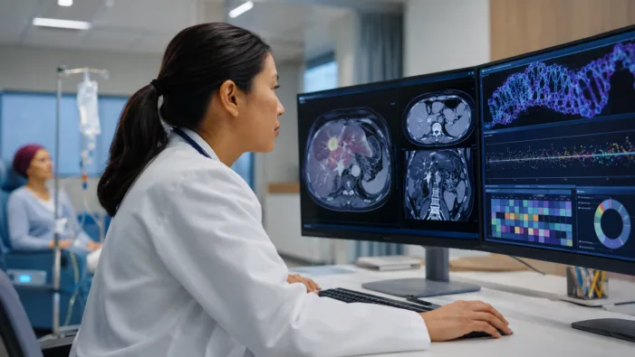 Representative image of a clinician reviewing oncology imaging and molecular testing data, reflecting how BIZENGRI’s FDA approval could advance targeted treatment for NRG1 fusion-positive cholangiocarcinoma. Why Partner Therapeutics’ BIZENGRI approval matters beyond cholangiocarcinoma