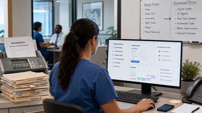 Representative image: Basata’s $21 million Series A highlights how AI agents could help specialty healthcare practices move from fax-based referrals and manual scheduling to faster digital intake, patient follow-up and administrative workflow automation.